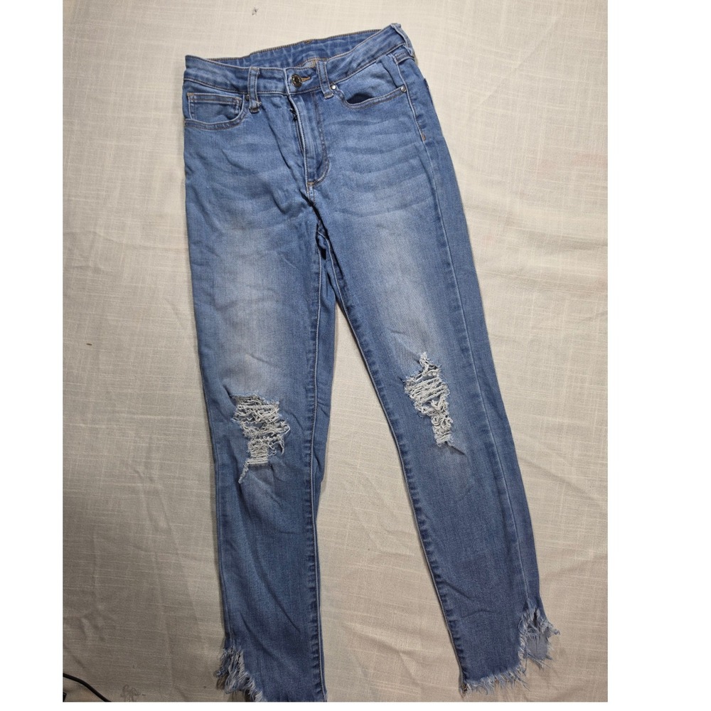 Kancan Distressed High Rise Skinny Jeans Medium Wash Frayed Step Hem Size 27